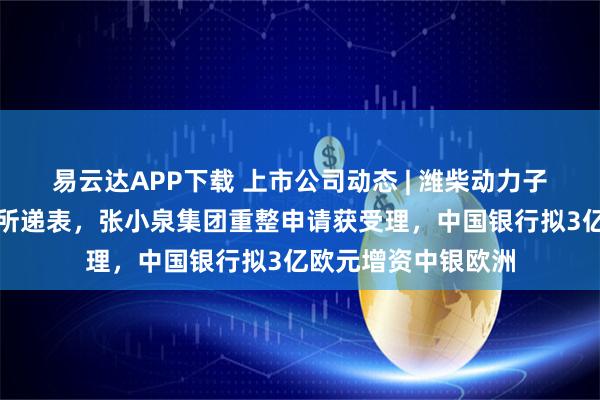 易云达APP下载 上市公司动态 | 潍柴动力子公司潍柴雷沃港交所递表，张小泉集团重整申请获受理，中国银行拟3亿欧元增资中银欧洲